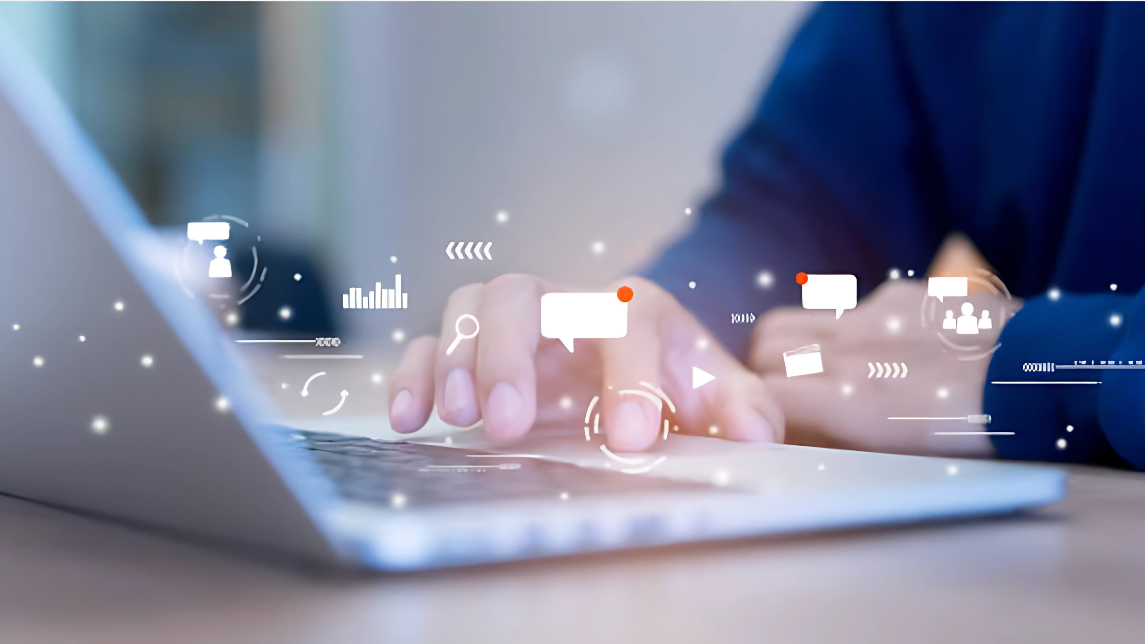 An illustration of a laptop displaying a digital marketing trends report for 2025, featuring icons and text representing key trends such as AI-driven content, hyper-personalization, ethical marketing, voice search, sustainability, AR/VR, and short-form videos. The screen shows a modern, sleek design with graphs and futuristic visuals, highlighting the evolution of marketing strategies.